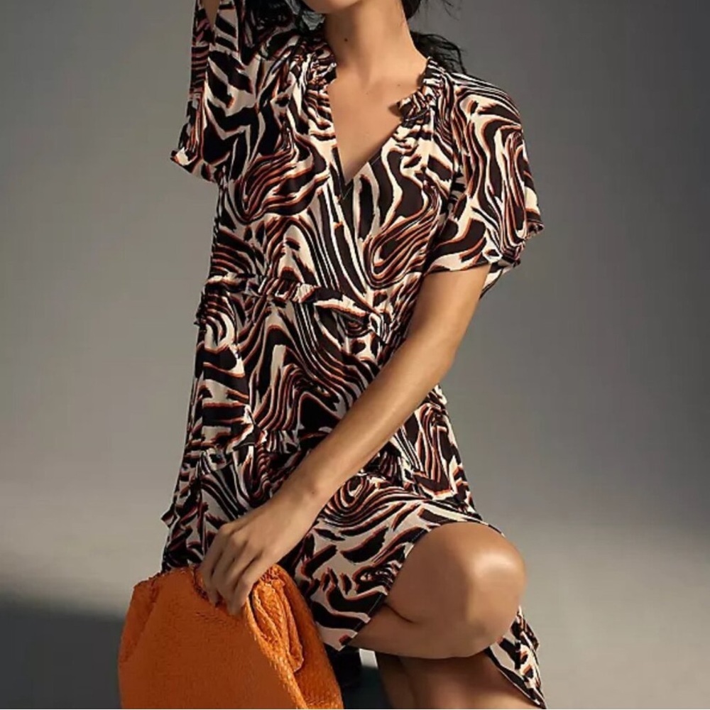 Anthropologie Robin Tiered Mini Dress in Brown/White Marble Animal - Picture 2 of 9